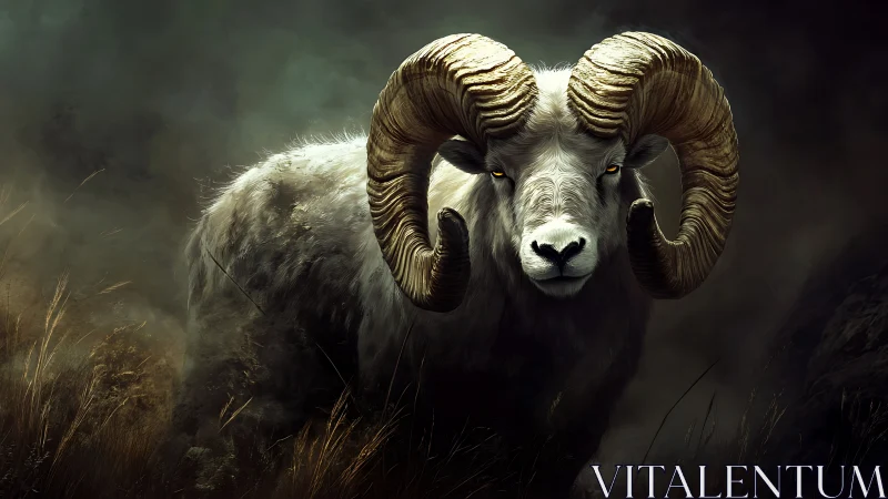 High-contrast ram portrait emphasizes horn topology and volumetric fog