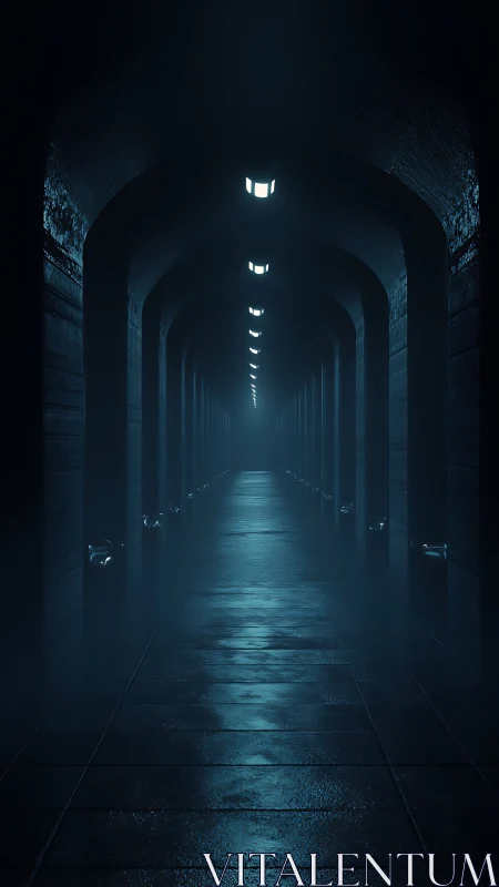 Moody blue corridor of endless doors and soft mystery glow.