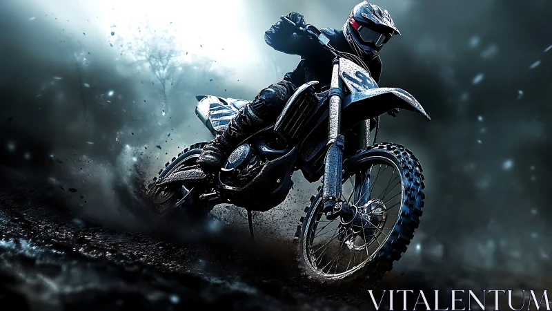 Motocross rider carving a turn on wet dirt track at speed.