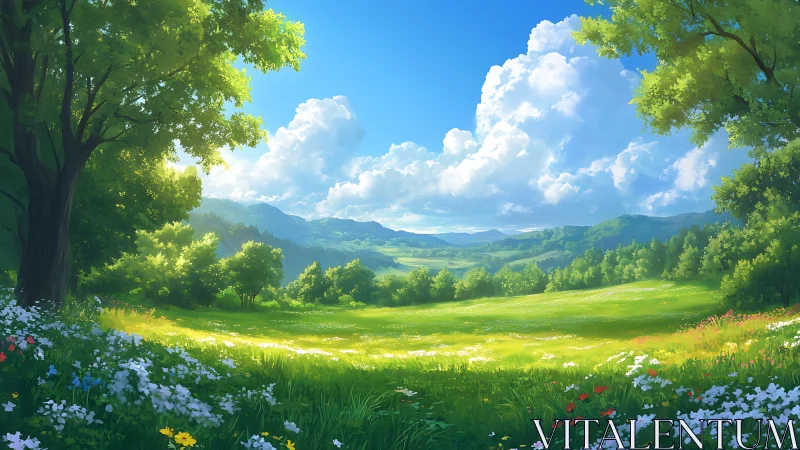 Sunlit wildflower meadow opens onto rolling green hills.