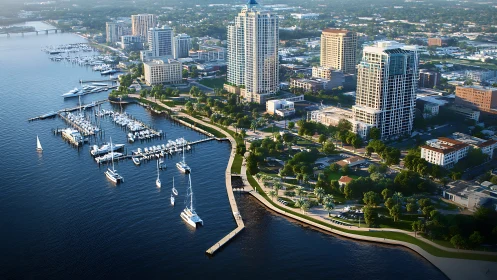 Waterfront marina skyline with high-rise residential towers.