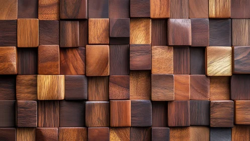 Textured wooden cube wall with warm dimensional pattern.