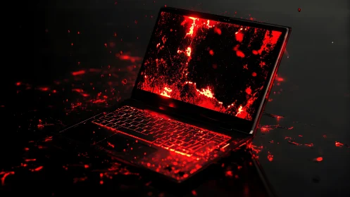Laptop drenched in molten red light on reflective surface.
