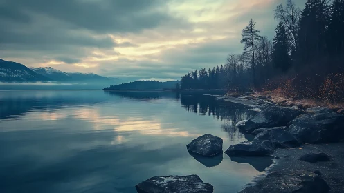 Calm mountain lake reflects moody sunset sky and forested shore