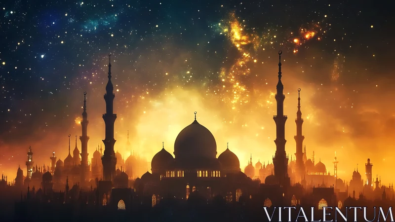 Digital painting of luminous celestial mosque silhouette.