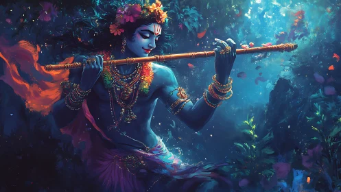 Blue-skinned deity figure playing flute in dense foliage.