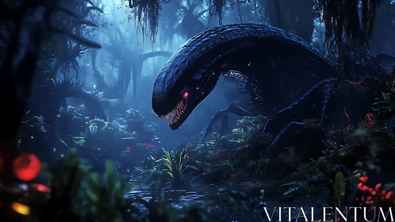 Alien serpent stalks through bioluminescent swamp at night