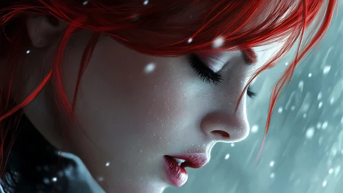 Red-haired woman closes her eyes in a silent winter storm.
