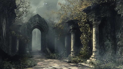 Foggy ruined stone archway in overgrown forest corridor.