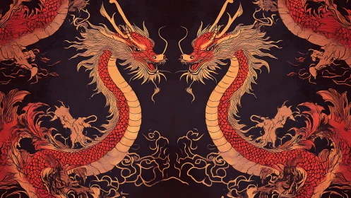 Twin crimson dragons mirror in ornate symmetrical scrollwork.