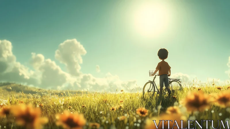 Child with bicycle in sunny flower field at horizon.