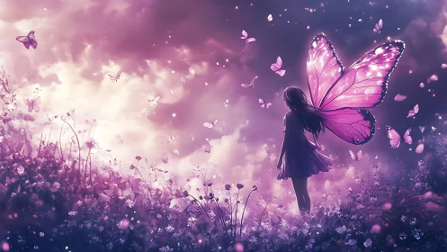 Pink butterfly winged girl in glowing dream meadow at dusk.