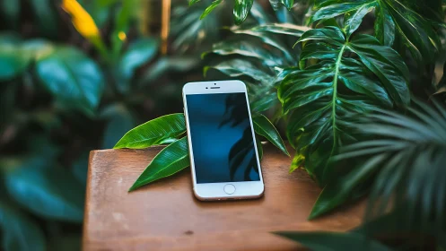 White smartphone rests on wooden surface surrounded by tropical foliage