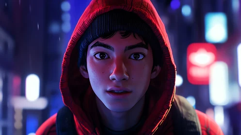 Teenage boy in red hoodie stands in neon city street at night