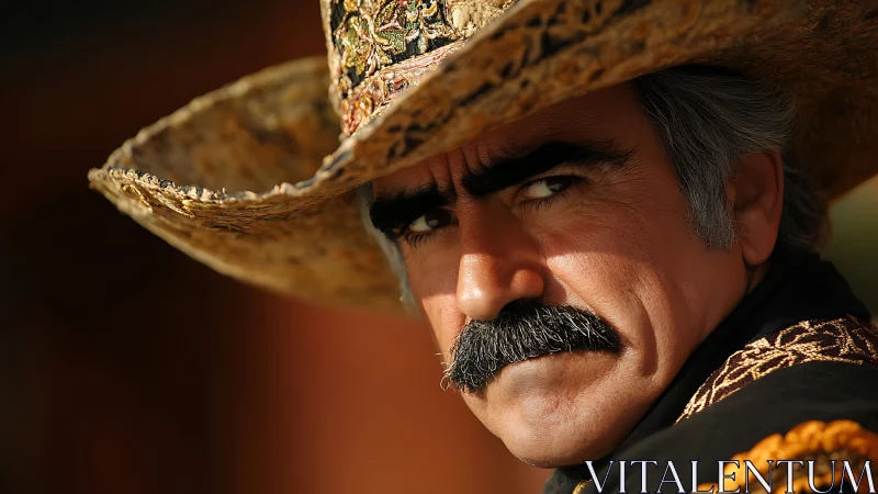 Close-up portrait of charro in embroidered sombrero, side light