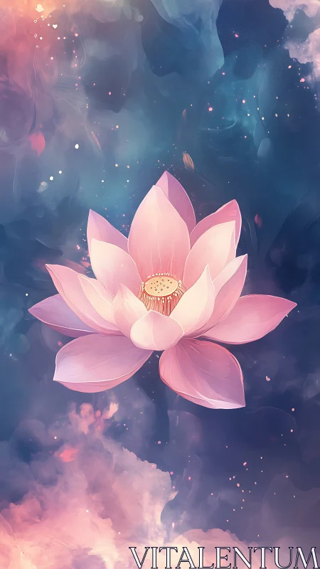 Serene pink lotus drifts softly in a dreamy cosmic sky