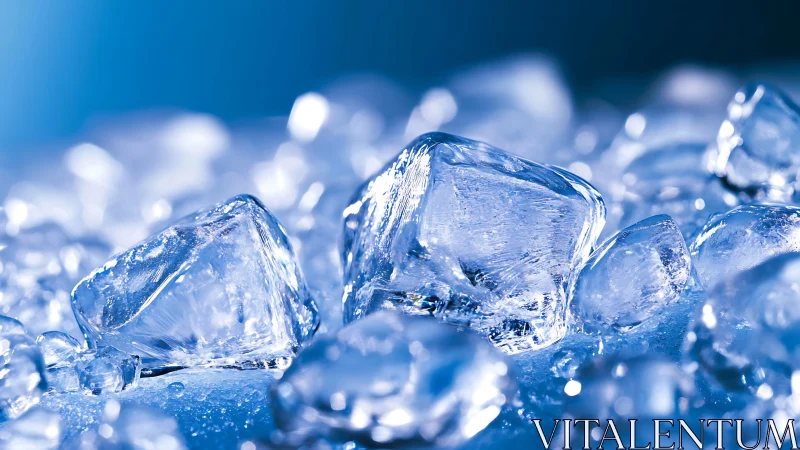 Glistening ice cubes sparkle in cool blue studio light.