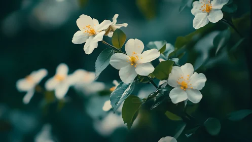 White Blossoms in Teal Atmosphere: Nature Photography.