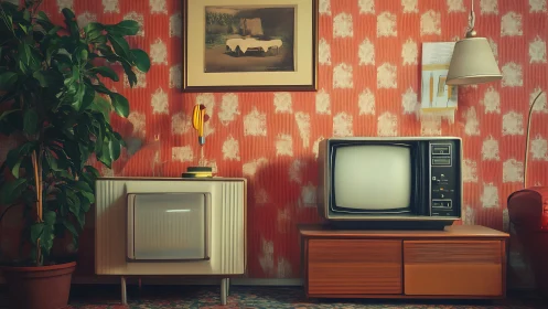 Retro TV corner hums under tangerine wallpaper ghosts.