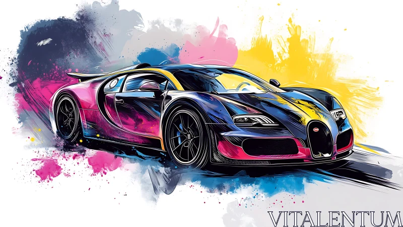 Neon-splashed supercar rockets through abstract color storms.