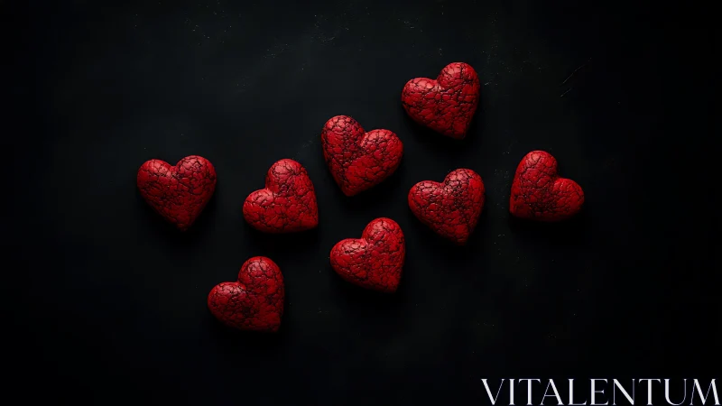 Red Textured Hearts Arranged on Black Background Display