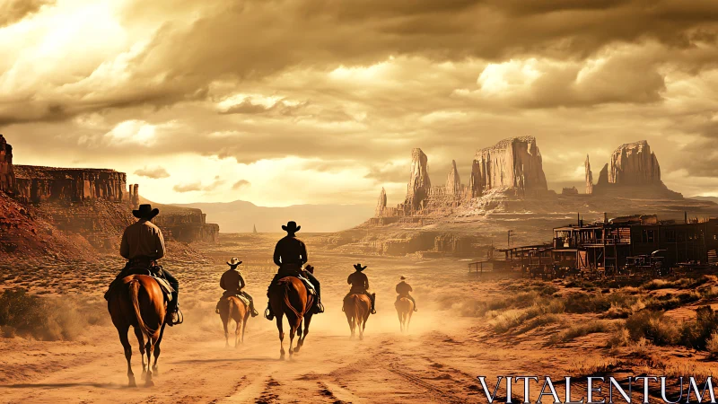 Group of mounted riders crossing dusty desert town street.