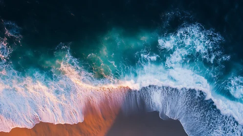 Golden surf glows against deep teal ocean in aerial view