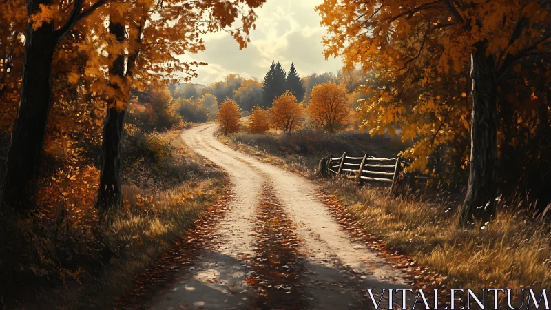 Autumn Landscape with Dual-Track Dirt Road Converging Toward Distant Forest Under Warm Deciduous Can