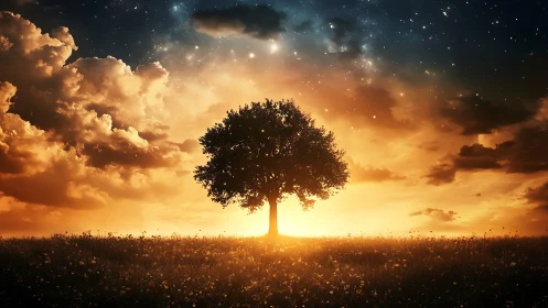 Lone tree under glowing sunset sky and starry horizon.