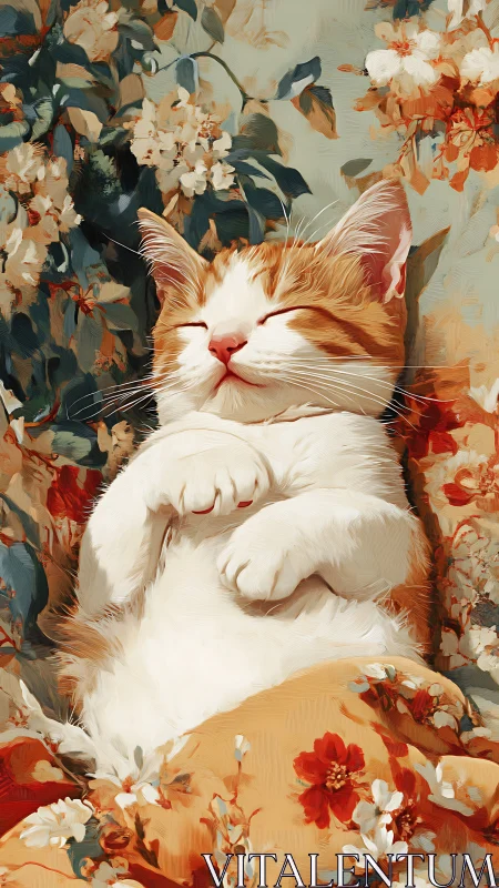 Orange and White Cat Resting on Floral Patterned Textile