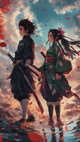 Twin swordbearers at dusk amid drifting scarlet leaves.