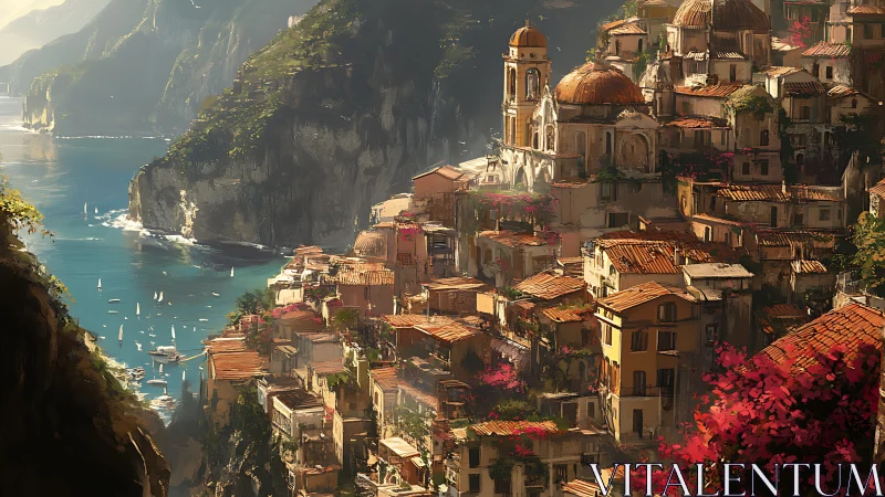 Cliffside Mediterranean settlement with terraced coastal topology.