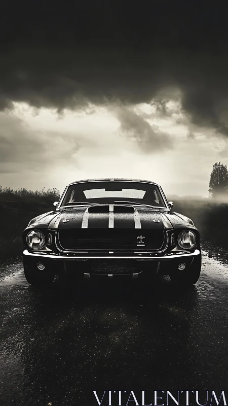 Classic muscle car dominates stormy rain-soaked highway scene.