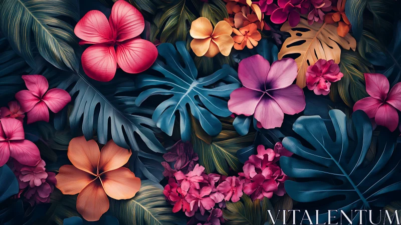 Volumetric Tropical Flora: Digital 3D Composite with Monstera and Hibiscus Rendering