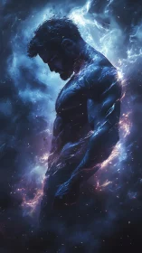 Cosmic male silhouette burns through storming nebula veil.