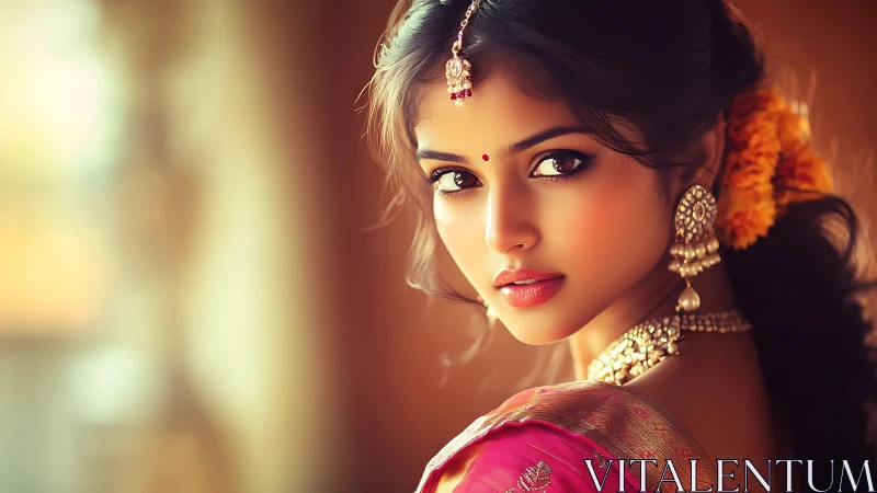 Elegant Indian woman in traditional attire, soft glowing portrait.