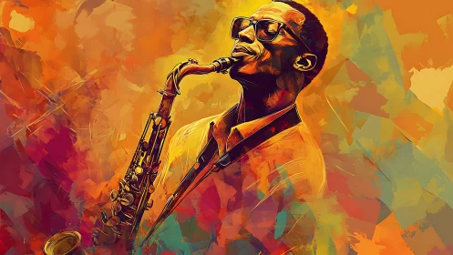 Digital painting portrait of jazz saxophonist in vivid chroma fields.