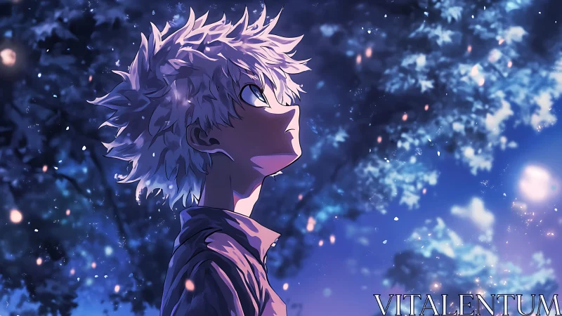 White haired anime boy studies glowing night sky amid trees