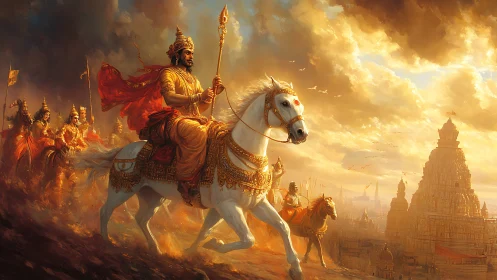 Mythic cavalry charge toward sunlit temple citadel horizon.