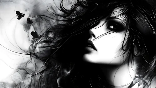 Monochrome portrait with ink-like hair and dark butterflies.