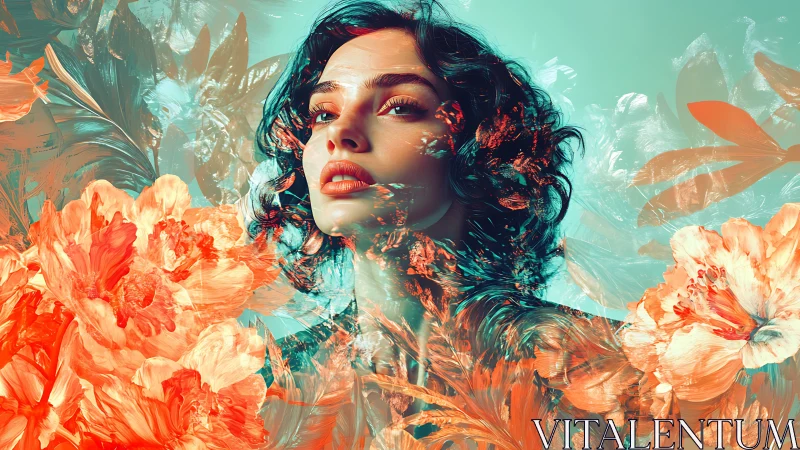 Portrait of a woman dissolved in abstract floral chroma field