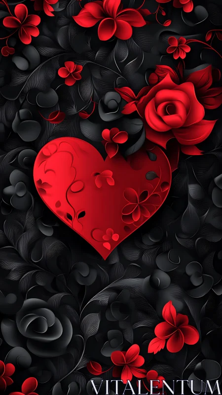 3D Rendered Dimensional Red Heart with Ornamental Floral Motifs on Textured Black Background