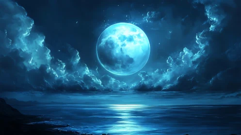 Moonlit ocean sky glows softly in deep blue night magic