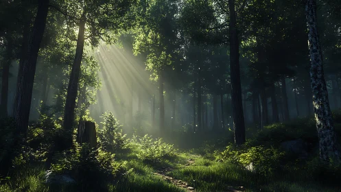 Cathedral Forest Canopy with Crepuscular Rays through Dense Coniferous Woodland