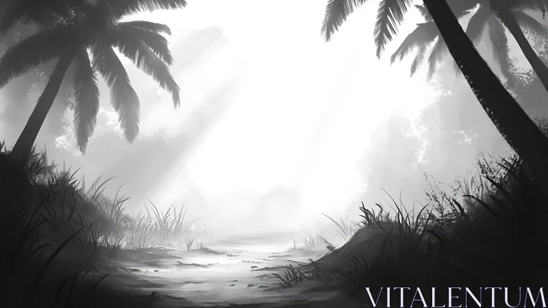 Misty Jungle Stream: Monochrome Wilderness Through Palm Fronds.