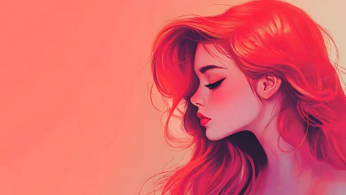 Crimson-haired profile in soft neon gradient glow portrait.