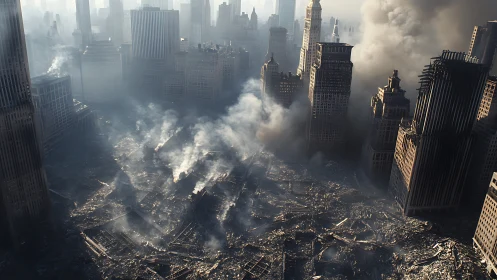 Smoldering city canyon over vast post‑apocalyptic ruins.