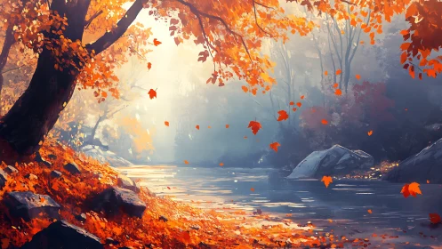 Golden autumn river glows softly beneath drifting leaves