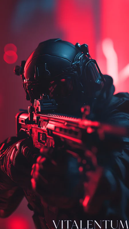 Intense tactical soldier aims forward in vivid red light