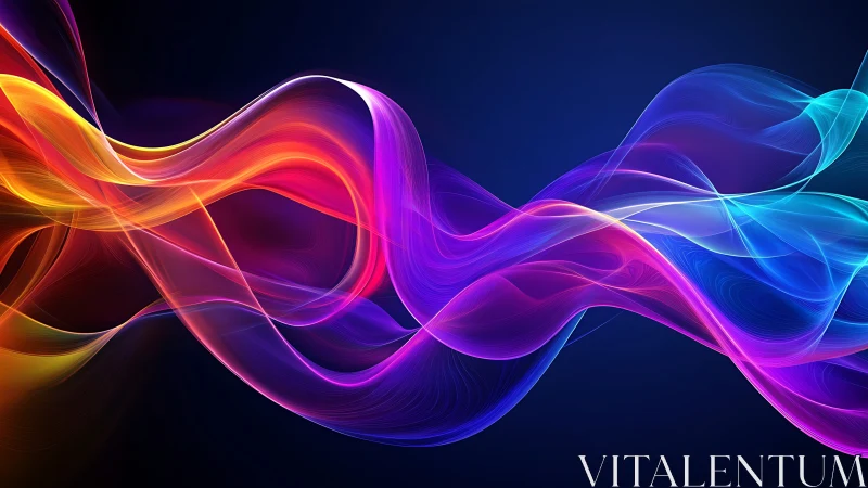 Chromatic light waves form layered translucent ribbons over deep blue